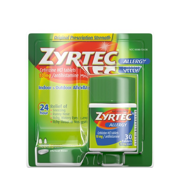 Clicking on the image opens a new modal with 1 larger images of Zyrtec 24 Hour Allergy Relief Tablets with 10 mg Cetirizine HCl. Some images may not have descriptive text. 1 out of 1.