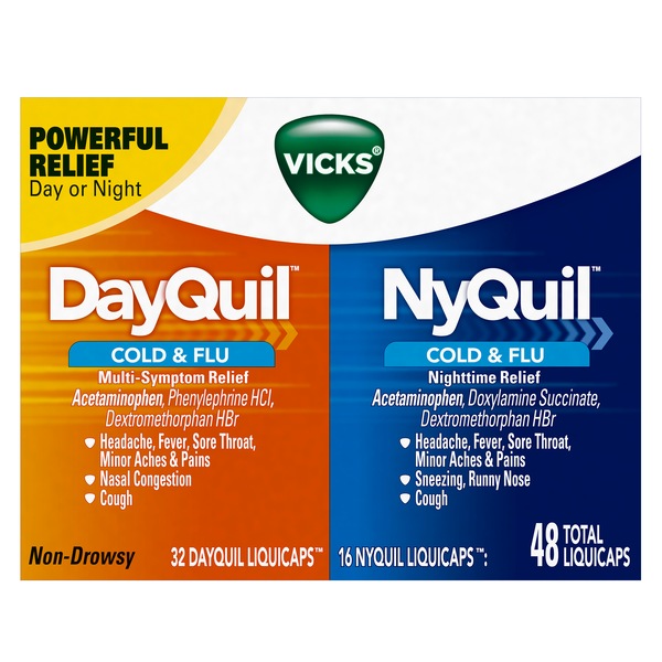 Vicks DayQuil & NyQuil Cough, Cold & Flu Relief Combo, 48 LiquiCaps (32 DayQuil, 16 NyQuil) - Relieves Sore Throat, Fever, and Congestion