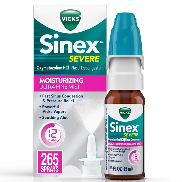 Clicking on the image opens a new modal with 1 larger images of Vicks Sinex SEVERE Moisturizing Ultra Fine Mist Sinus Congestion Nasal Spray with Soothing Aloe, 0.5 fl OZ. Some images may not have descriptive text. 1 out of 1.
