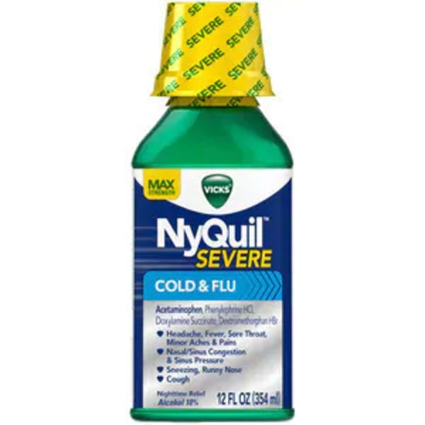 Vicks NyQuil SEVERE Cough Cold and Flu Nighttime Relief Liquid, 12 Fl OZ - Relieves Nighttime Sore Throat, Fever, and Congestion