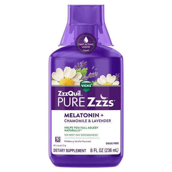 Clicking on the image opens a new modal with 1 larger images of Vicks PURE Zzzs Melatonin Liquid Sleep-Aid, 8.0 OZ. Some images may not have descriptive text. 1 out of 1.