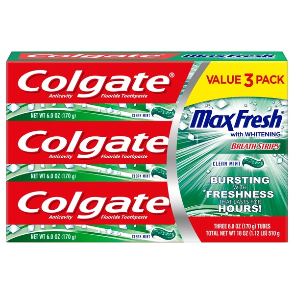 Colgate Max Fresh Toothpaste with Mini Breath Strips, Clean Mint - 6.0 Ounce (3 Pack)