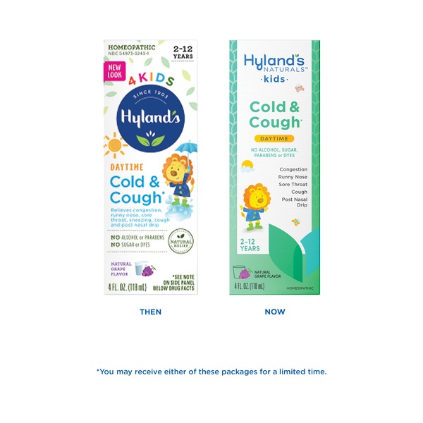Clicking on the image opens a new modal with 1 larger images of Homeopathic Hyland's 4Kids Cold'n Cough Syrup, Natural Grape Flavor, 4 OZ . Some images may not have descriptive text. 1 out of 1.