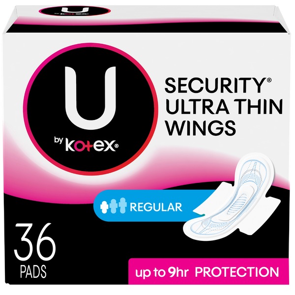 U by Kotex Security Ultra Thin Pads with Wings, Regular, Unscented, 36 Count
