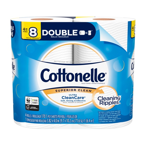 Cottonelle Ultra CleanCare Toilet Paper, Strong Bath Tissue, Septic-Safe, 4 Double Rolls