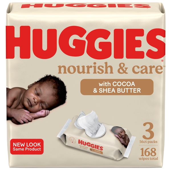 Huggies Nourish & Care Baby Wipes, Sensitive Skincare, Scented, 3 Flip-Top Packs, 56 Count (168 Wipes Total)