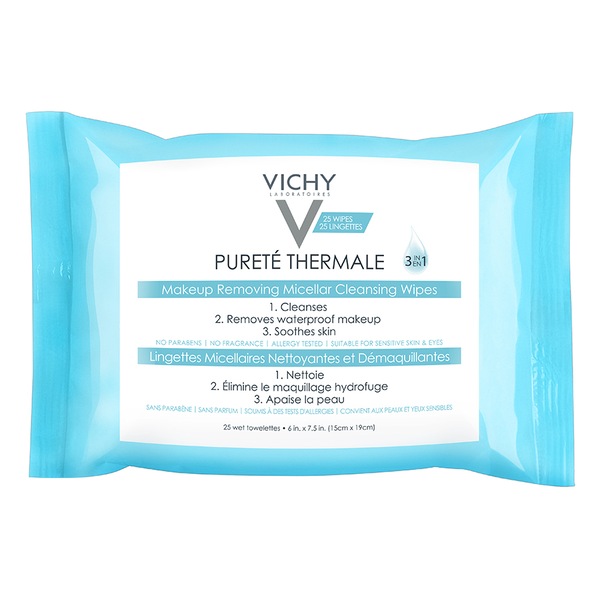 Vichy, Purete Thermale 3-in-1 Micellar Cleansing Wipes, Waterproof Makeup Remover