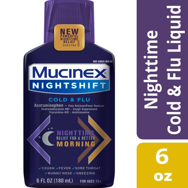 Clicking on the image opens a new modal with 1 larger images of Mucinex Nightshift Cold & Flu Liquid 6 fl. oz.. Some images may not have descriptive text. 1 out of 1.