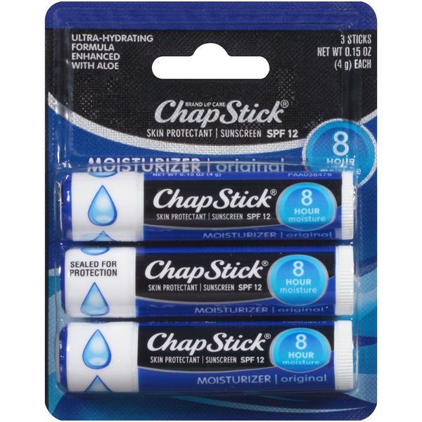 ChapStick Original Moisturizer SPF 15 Sunscreen and Skin Protectant, 0.45 OZ, 3 CT
