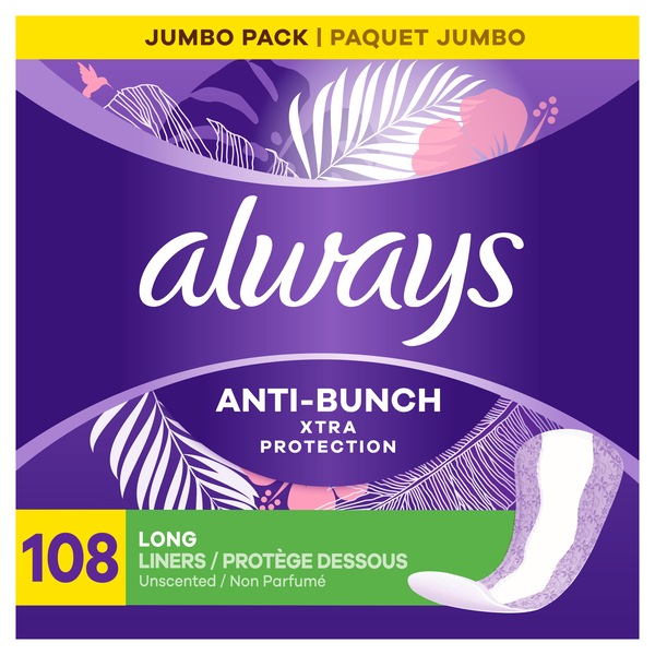 Always Xtra Protection Daily Liners Long Unscented, 108 Count