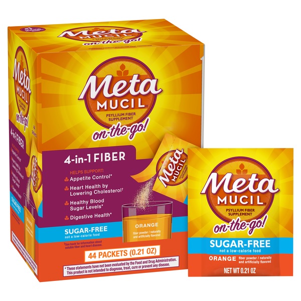 Metamucil Fiber, 4-in-1 Psyllium Fiber Supplement, Sugar-Free Powder Single-Serve Packets, Orange Flavored Drink, 44 Packets