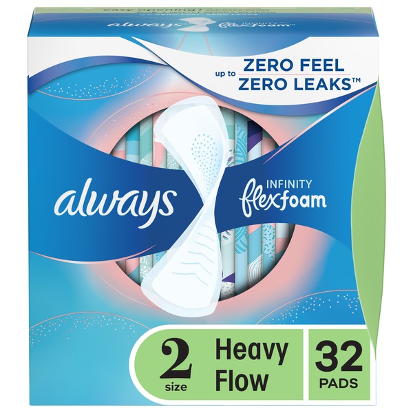 Always Infinity FlexFoam Pads for Women, Size 2, Super Absorbency, without Wings, Unscented, 32 Count