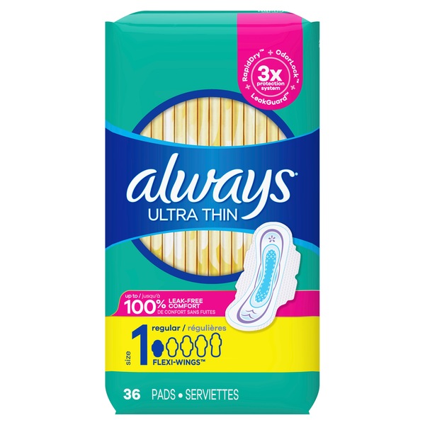 ALWAYS Ultra Thin Size 1 Regular Pads With Wings Unscented, 46 Count