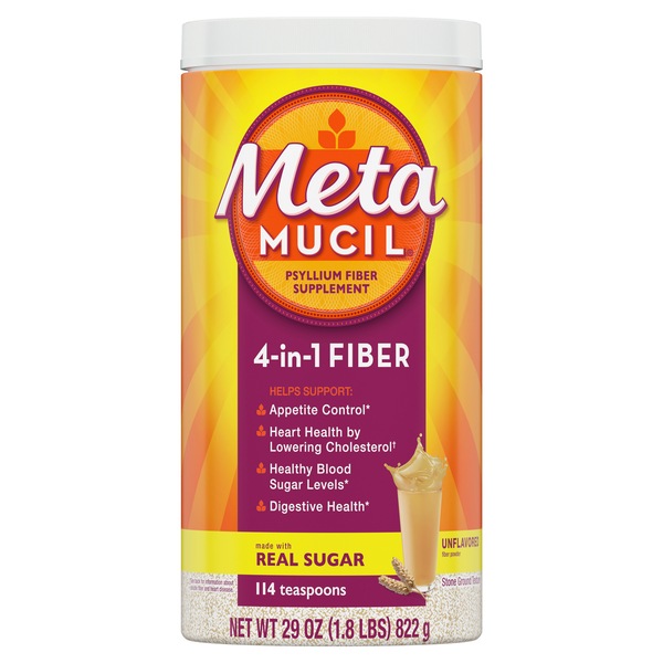 Metamucil Fiber, 4-in-1 Psyllium Fiber Supplement Powder with Coarse Real Sugar, Unflavored Drink, 114 Servings