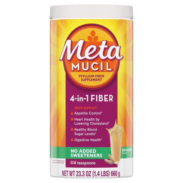 Metamucil Fiber, 4-in-1 Psyllium Fiber Supplement Powder, No Added Sweetners, Unflavored Drink, 114 Servings