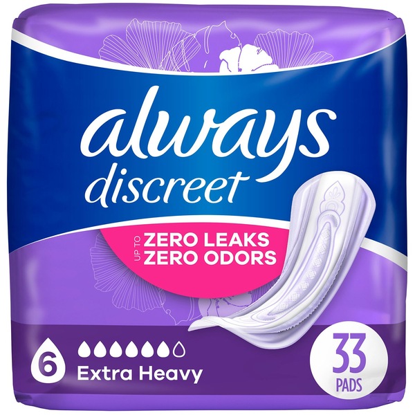 Always Discreet Incontinence Pads for Women, Extra Heavy Absorbency, 33 Count