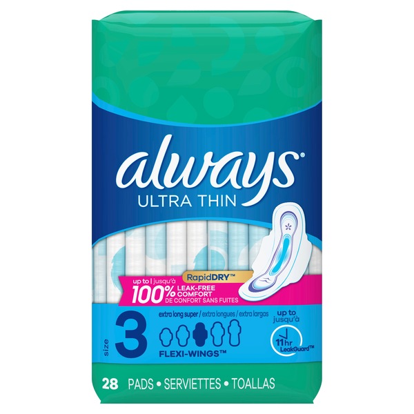 Always Ultra Thin Size 3 Extra Long Super Pads With Wings, 14 Count