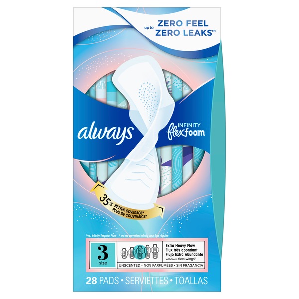 Always Infinity FlexFoam Pads for Women, Size 3, Extra Heavy Absorbency, Unscented, 14 Count