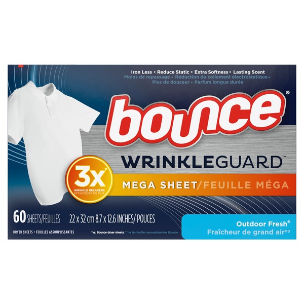 Bounce WrinkleGuard Mega Dryer Sheets, Outdoor Fresh, 60 CT