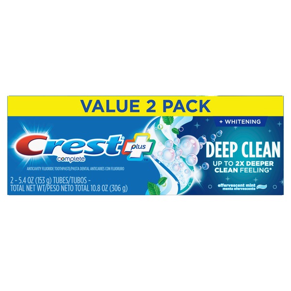 Crest + Deep Clean Complete Whitening Toothpaste, Effervescent Mint, 5.4 oz, Pack of 2