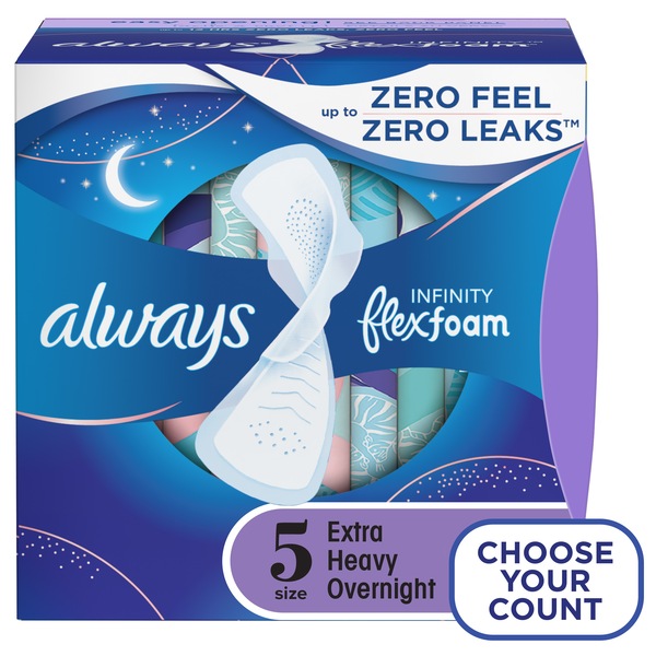 Always Infinity FlexFoam Pads for Women, Size 5, Extra Heavy Overnight Absorbency, Unscented, 11 Count