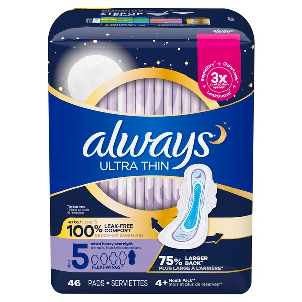 Always Ultra Thin Size 5 Extra Heavy Overnight Pads With Wings, 12/Pack