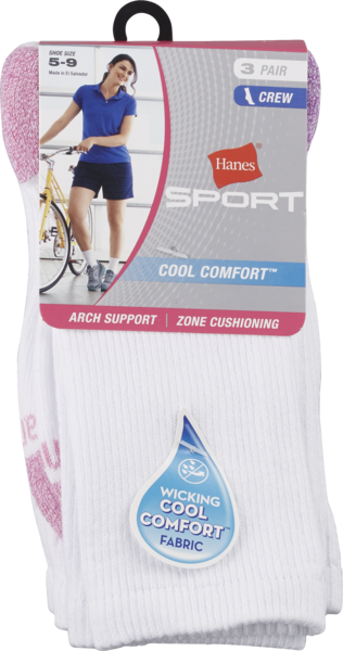 Hanes Sport Women'sCool Comfort Crew Socks, Size 5-9, 3 Pairs