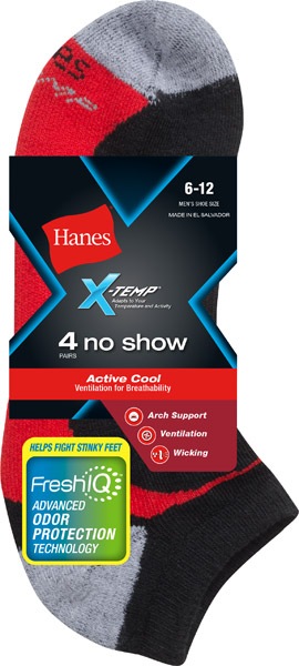 Hanes X-Temp Men's No Show Socks, Size 6-12, 4 Pairs