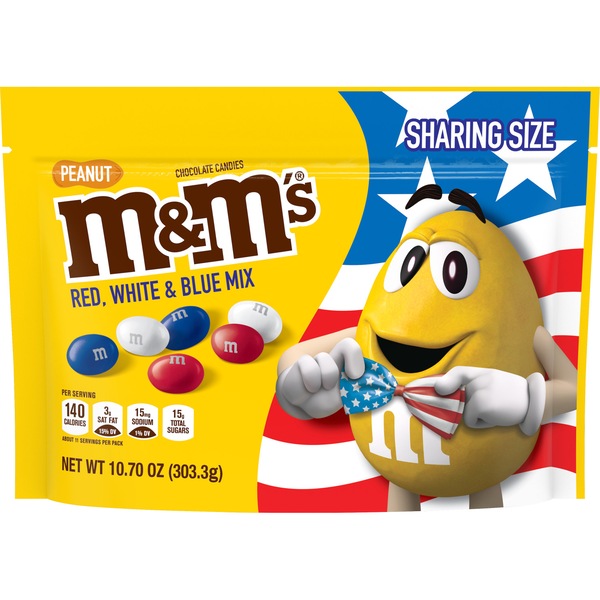 M&M's Red, White & Blue Peanut Patriotic Chocolate Candy, Share Size Bag, 10.7 OZ