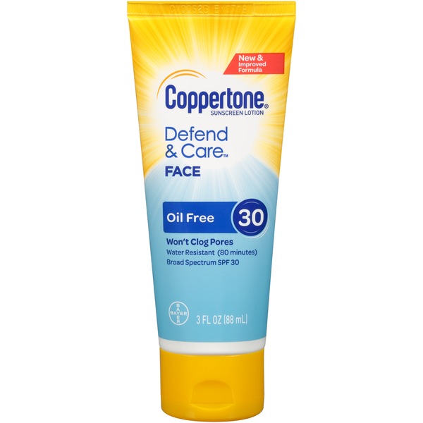 Clicking on the image opens a new modal with 1 larger images of Coppertone Defend & Care Sunscreen Oil Free Face Lotion Broad Spectrum SPF 30, 3 OZ. Some images may not have descriptive text. 1 out of 1.