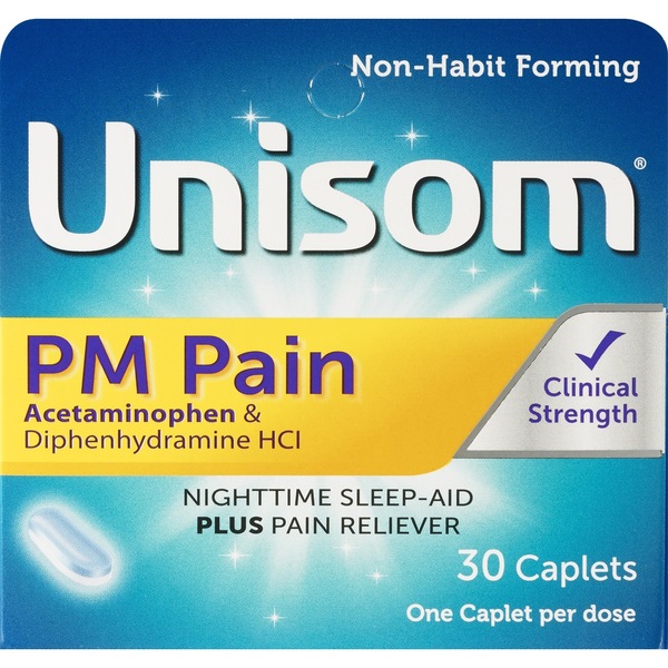 Clicking on the image opens a new modal with 2 larger images of UNISOM NIGHTTIME SLEEP-AID/PM PAIN RELIEF CAPLETS. Some images may not have descriptive text. 1 out of 2.
