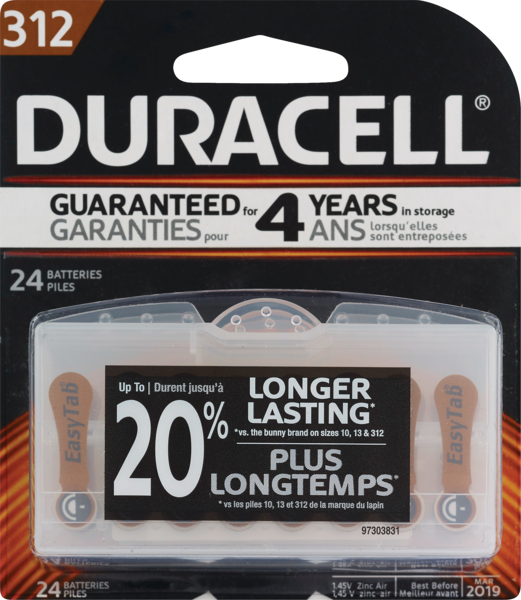 Duracell Hearing Aid Batteries, Size 312, 24CT