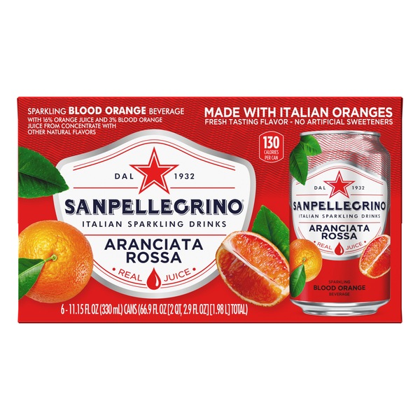 Sanpellegrino Italian Sparkling Drink Aranciata Rossa, Sparkling Orange and Blood Orange Beverage, 6 ct, Cans, 11.15 oz