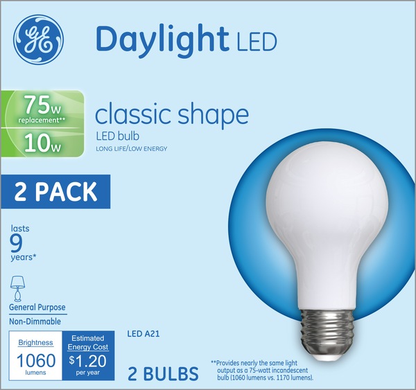 GE LED Classic Daylight A21 Light Bulbs, 10w, 2 CT