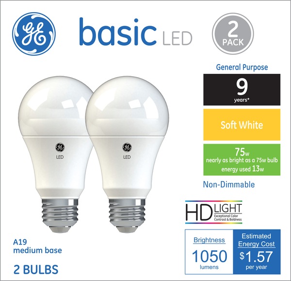 GE Basic LED Soft White 75W Light Bulbs, A19, 2 CT