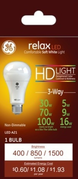 GE Relax Soft White HD 30-70-100W 3-way LED Light Bulb, A21, 1 CT