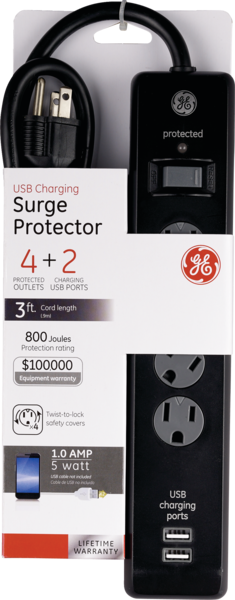 GE Surge Protector with 4 Outlets and 2 USB Charging Ports, 3 Ft Long Extension Cord