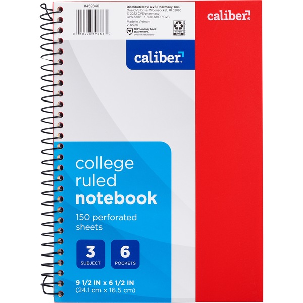 Caliber Notebook 3-Subject w/2 Pockets CollegeRuled 9.5x6.5"