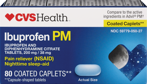 Clicking on the image opens a new modal with 3 larger images of CVS Health Ibuprofen PM Pain Reliever Coated Caplets 200 mg. Some images may not have descriptive text. 1 out of 3.