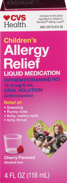 CVS Health Children's Allergy Relief Diphenhydramine HCI Liquid Medication, Cherry Flavor, 4 OZ