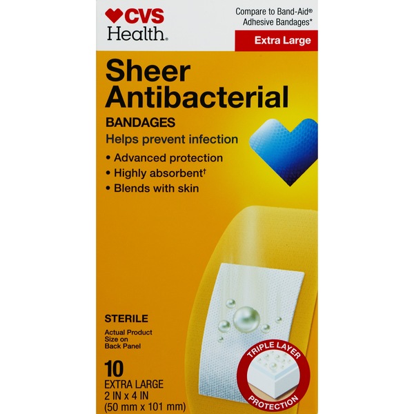 Clicking on the image opens a new modal with 4 larger images of CVS Health Anti-Bacterial Bandages Extra Large. Some images may not have descriptive text. 1 out of 4.