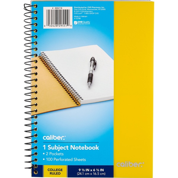 Caliber Notebook 1-Subject w/2 Pockets CollegeRuled9.5x6.5""