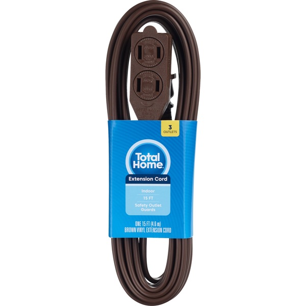 Total Home Extension Cord Indoor 15 Foot/3 Outlets Brown