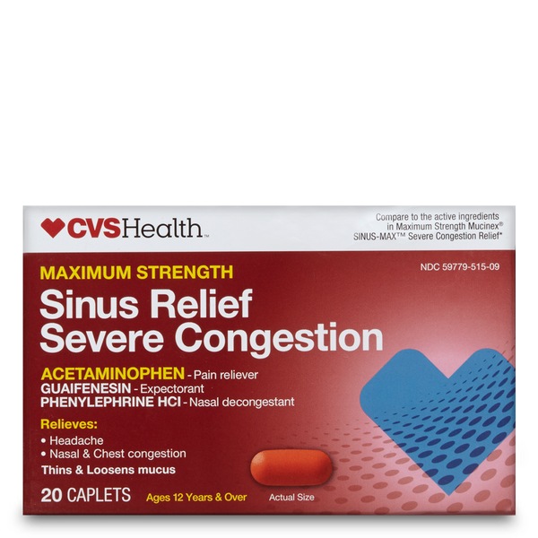 CVS Health Maximum Strength Sinus Relief Severe Congestion Acetaminophen Caplets, 20 CT