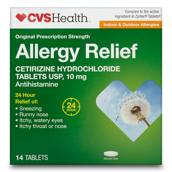 CVS Health Indoor/Outdoor Allergy Relief Cetirizine Hydrochloride Tablets 10 mg, 14 CT