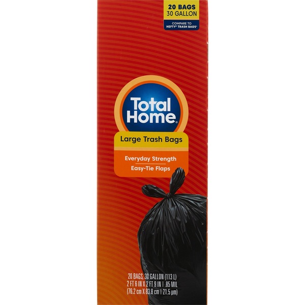 Total Home Large Trash Bags Easy-Tie Flaps 30 Gallon