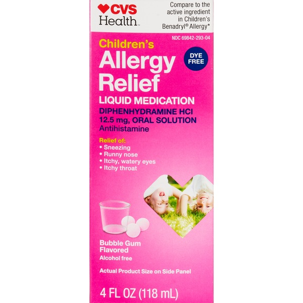 CVS Health Dye-Free Children's Allergy Diphenhydramine Hydrochloride Liquid Medication, Bubble Gum, 4 OZ