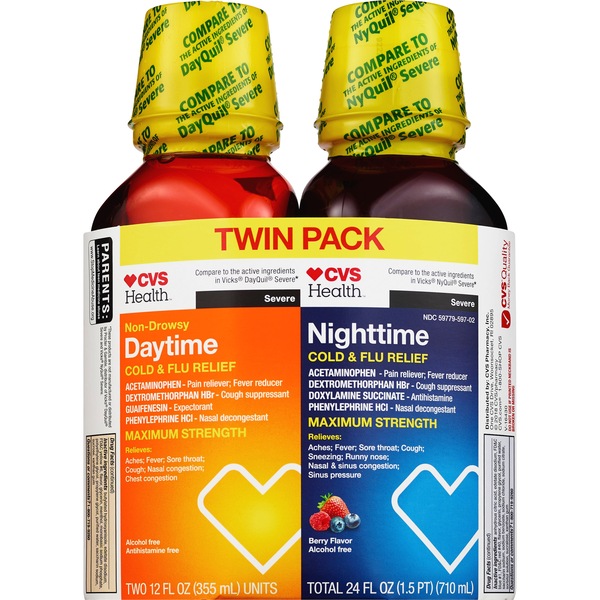 CVS Health Severe Daytime and Nighttime Multi-Symptom Cold and Flu Relief, Berry, Twin Pack, 24 OZ 