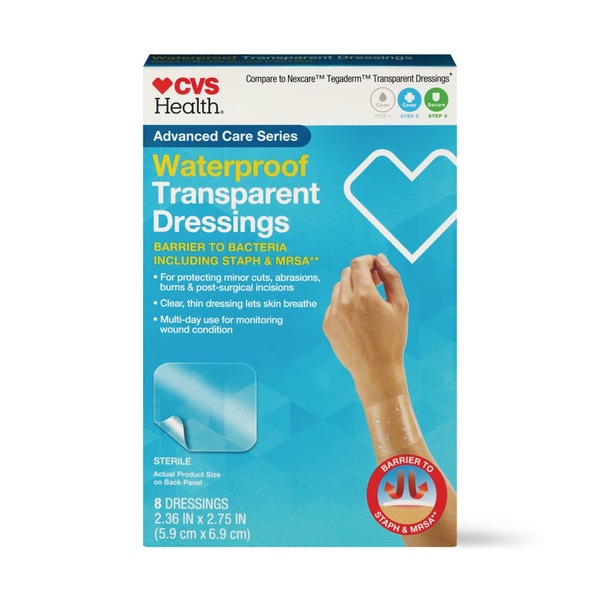 Clicking on the image opens a new modal with 3 larger images of CVS Bandages Clear Window Wound Cover Waterprf 2.36"x2.75". Some images may not have descriptive text. 1 out of 3.