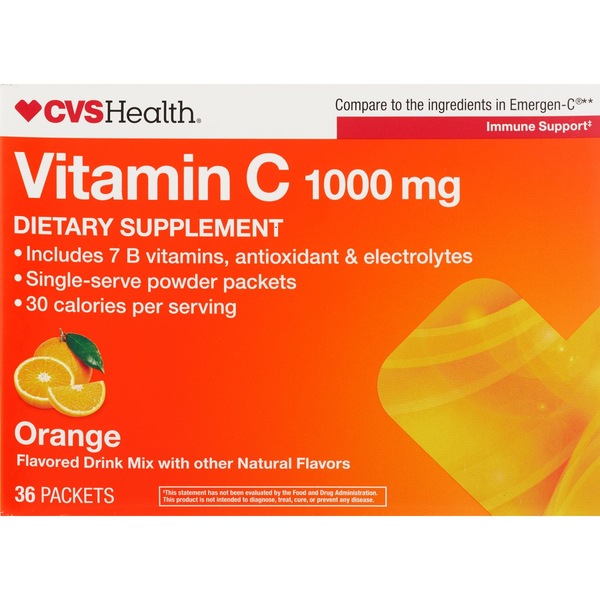 Clicking on the image opens a new modal with 2 larger images of CVS Vitamin C 1000mg Immune Support Fizzy Drink Pkts Orange. Some images may not have descriptive text. 1 out of 2.